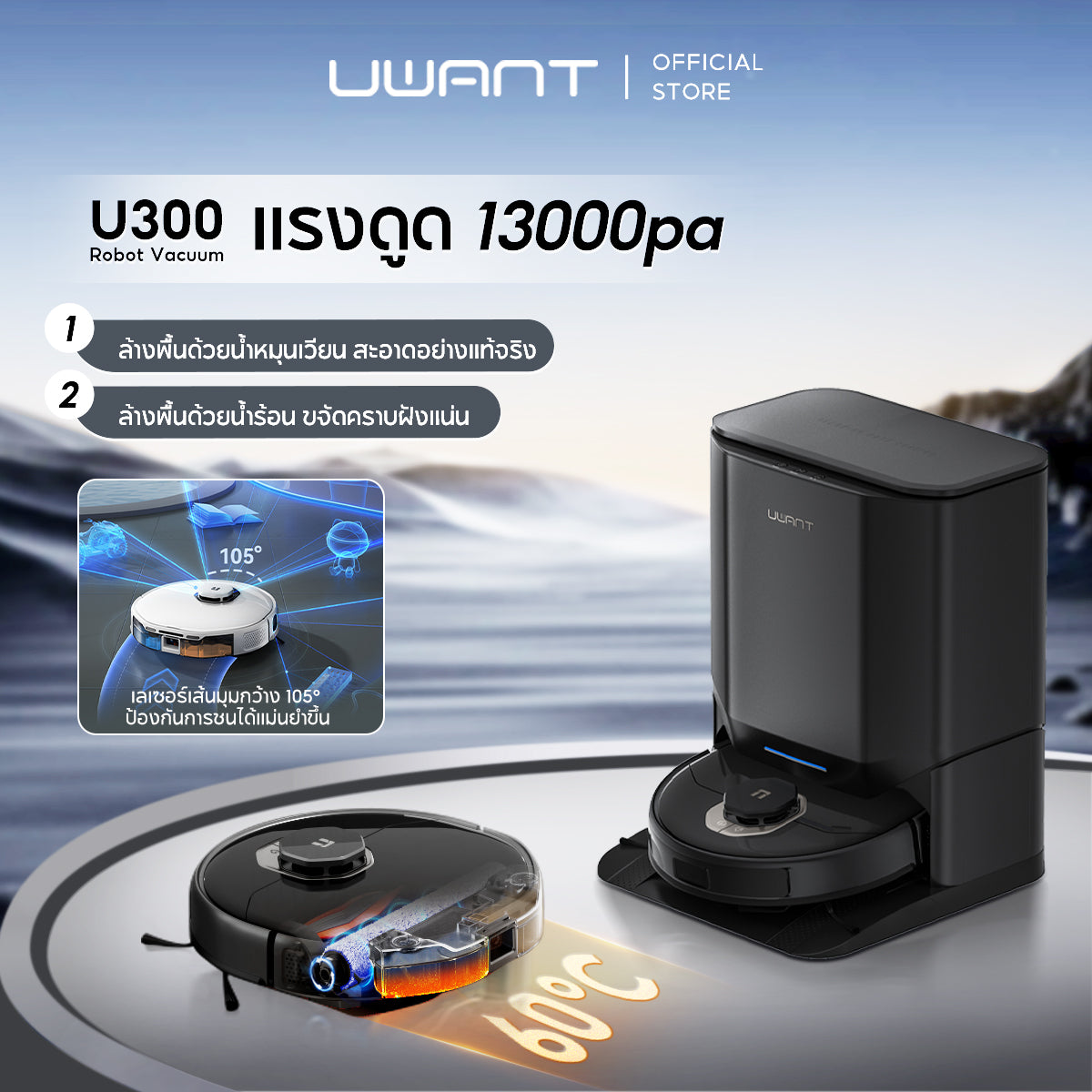 Uwant U300 Robot Vacuum and Mop Cleaner หุ่นยนต์ดูดฝุ่น ถูพื้น ซักผ้าถู อบผ้าแห้ง